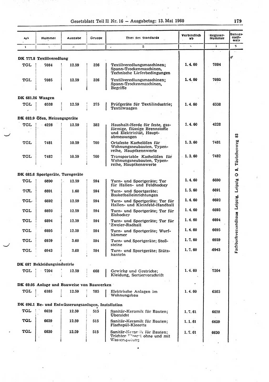 Gesetzblatt (GBl.) der Deutschen Demokratischen Republik (DDR) Teil ⅠⅠ 1960, Seite 179 (GBl. DDR ⅠⅠ 1960, S. 179)