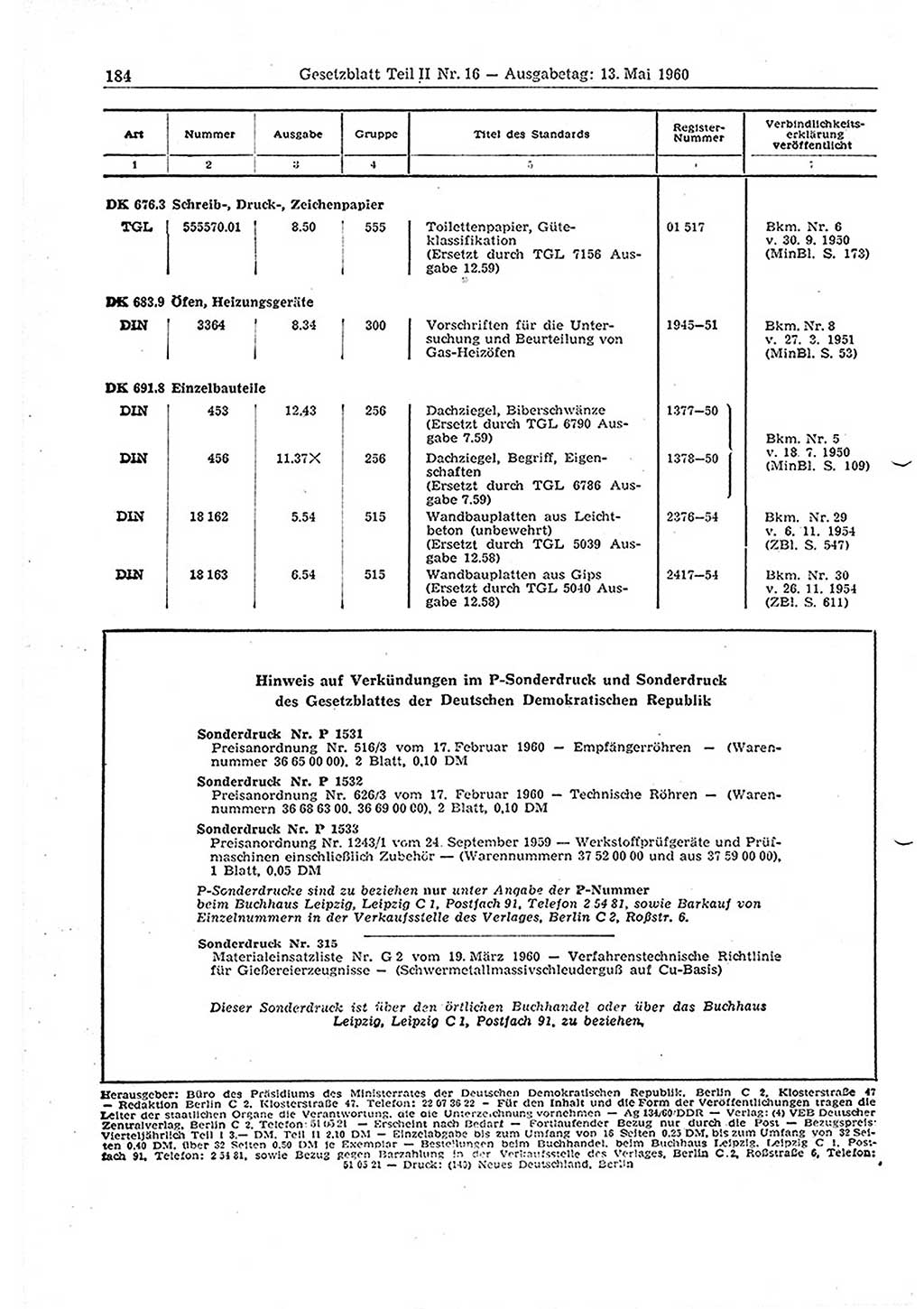 Gesetzblatt (GBl.) der Deutschen Demokratischen Republik (DDR) Teil ⅠⅠ 1960, Seite 184 (GBl. DDR ⅠⅠ 1960, S. 184)