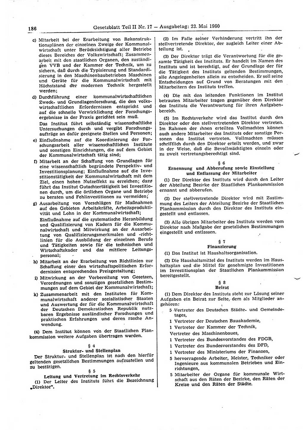 Gesetzblatt (GBl.) der Deutschen Demokratischen Republik (DDR) Teil ⅠⅠ 1960, Seite 186 (GBl. DDR ⅠⅠ 1960, S. 186)