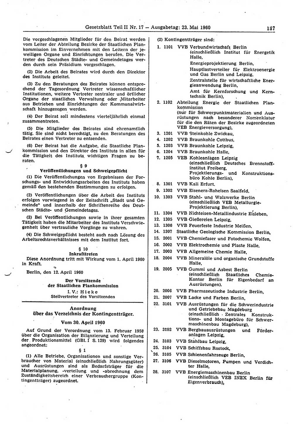 Gesetzblatt (GBl.) der Deutschen Demokratischen Republik (DDR) Teil â… â… 1960, Seite 187 (GBl. DDR â… â… 1960, S. 187)