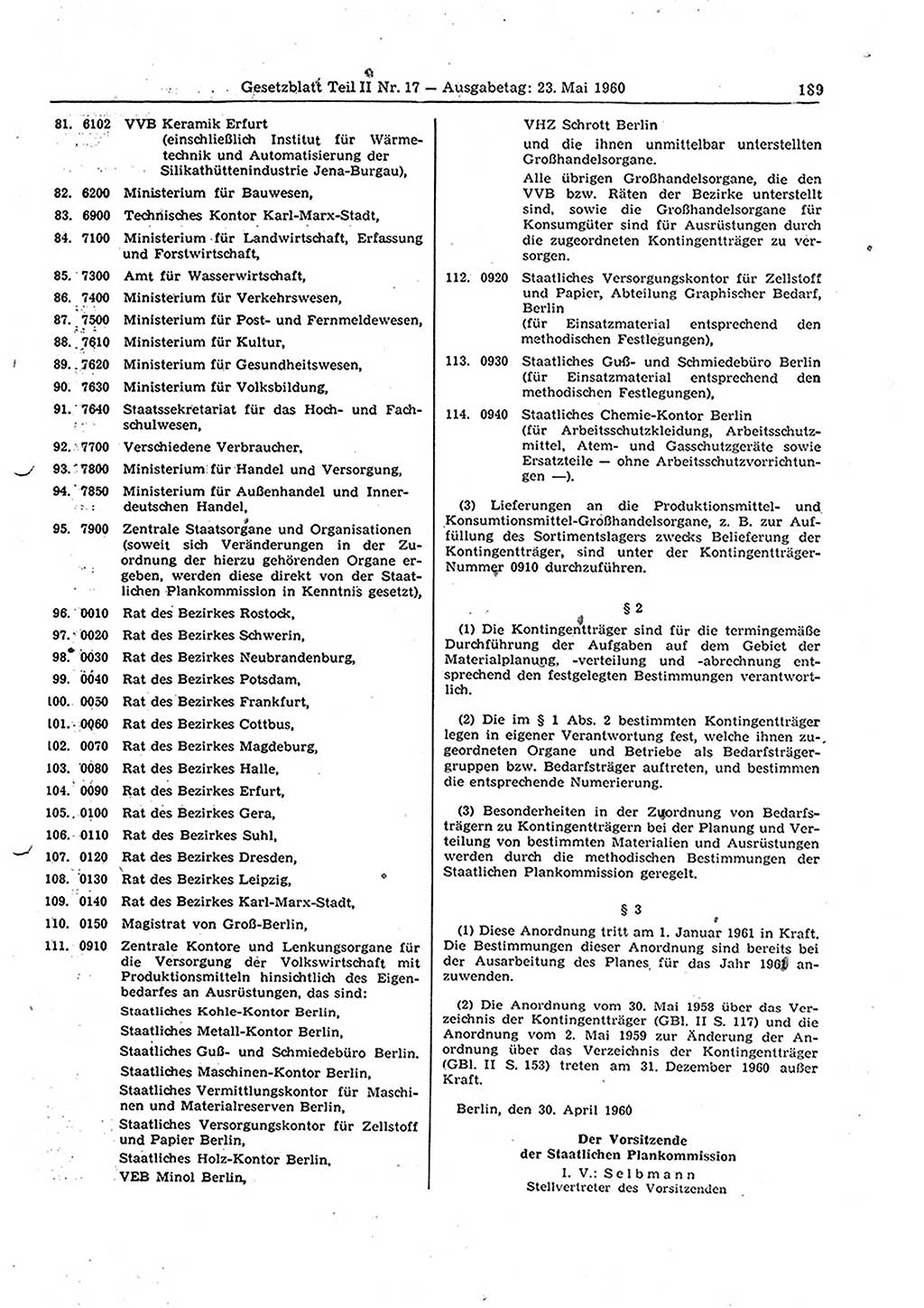 Gesetzblatt (GBl.) der Deutschen Demokratischen Republik (DDR) Teil ⅠⅠ 1960, Seite 189 (GBl. DDR ⅠⅠ 1960, S. 189)