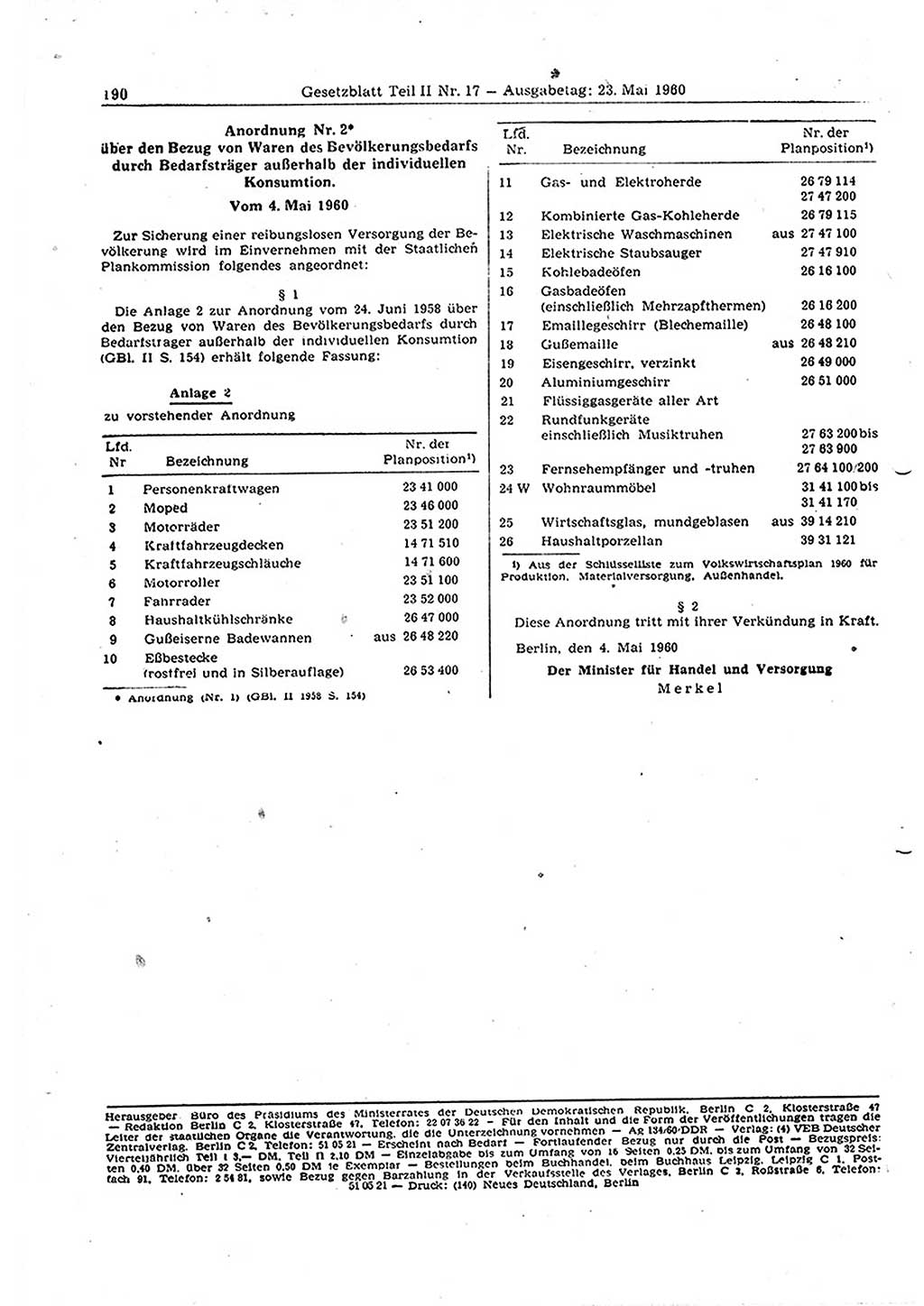 Gesetzblatt (GBl.) der Deutschen Demokratischen Republik (DDR) Teil ⅠⅠ 1960, Seite 190 (GBl. DDR ⅠⅠ 1960, S. 190)