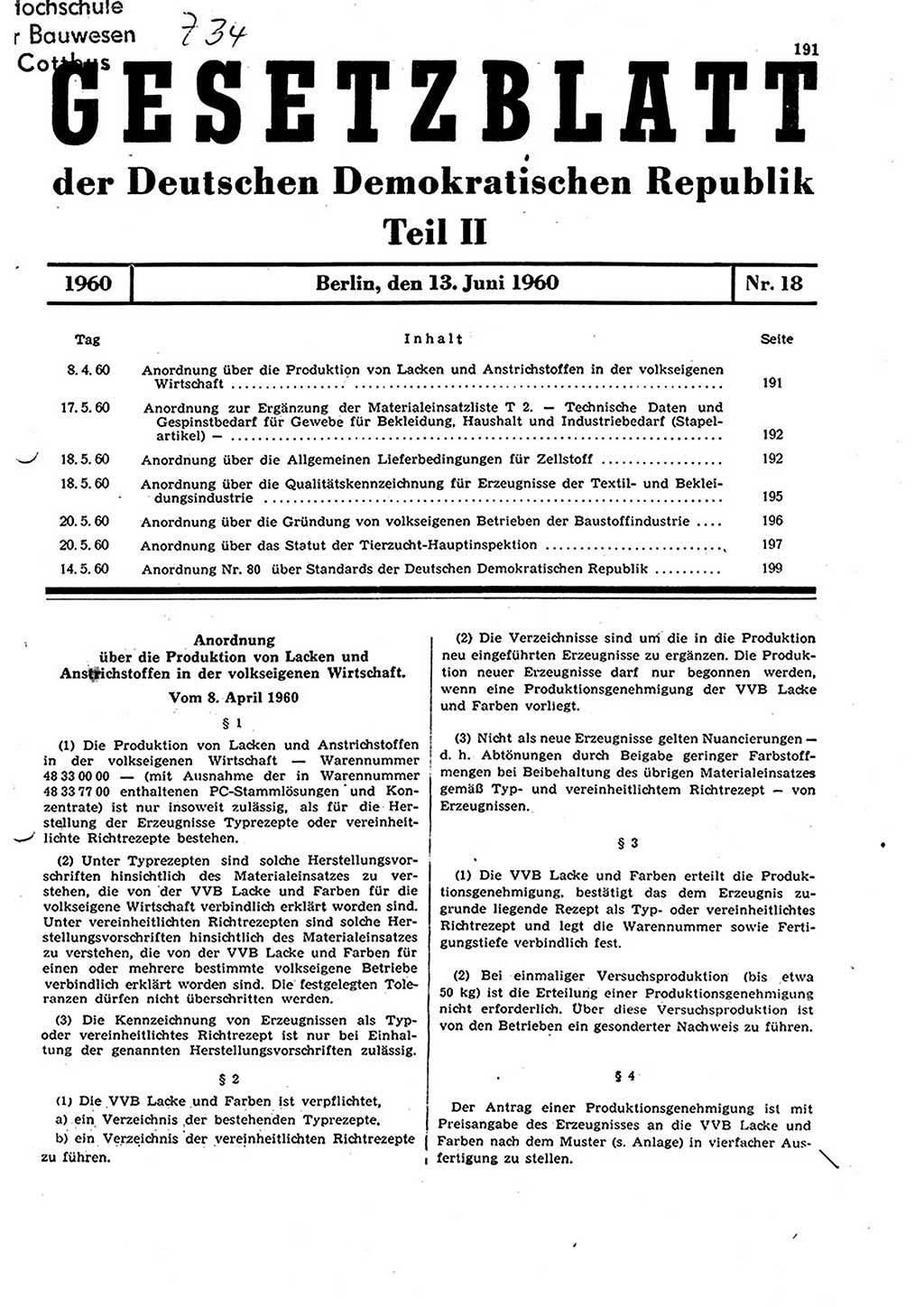Gesetzblatt (GBl.) der Deutschen Demokratischen Republik (DDR) Teil ⅠⅠ 1960, Seite 191 (GBl. DDR ⅠⅠ 1960, S. 191)