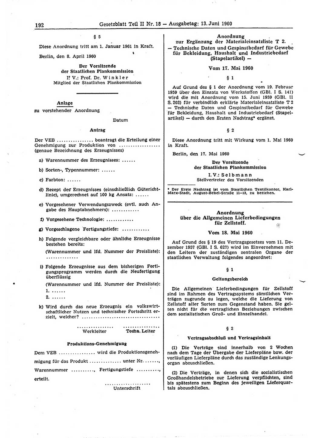 Gesetzblatt (GBl.) der Deutschen Demokratischen Republik (DDR) Teil ⅠⅠ 1960, Seite 192 (GBl. DDR ⅠⅠ 1960, S. 192)