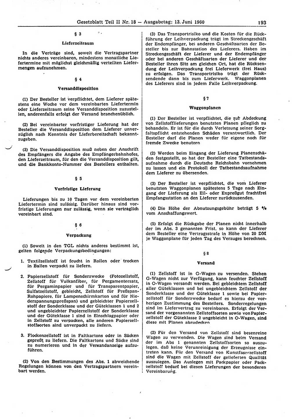 Gesetzblatt (GBl.) der Deutschen Demokratischen Republik (DDR) Teil ⅠⅠ 1960, Seite 193 (GBl. DDR ⅠⅠ 1960, S. 193)