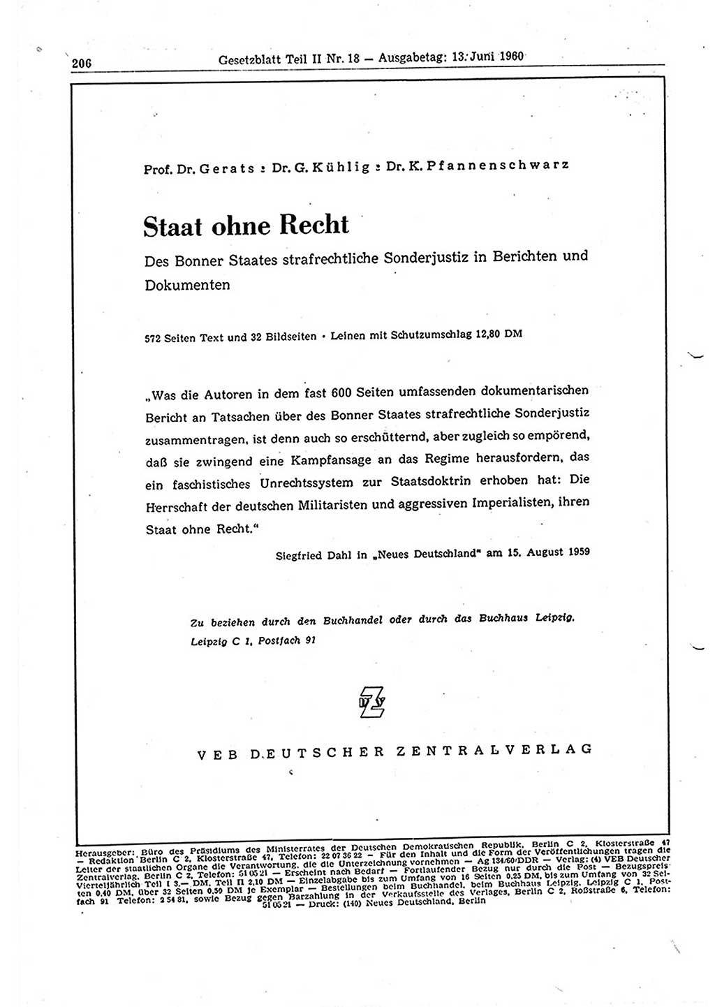 Gesetzblatt (GBl.) der Deutschen Demokratischen Republik (DDR) Teil ⅠⅠ 1960, Seite 206 (GBl. DDR ⅠⅠ 1960, S. 206)