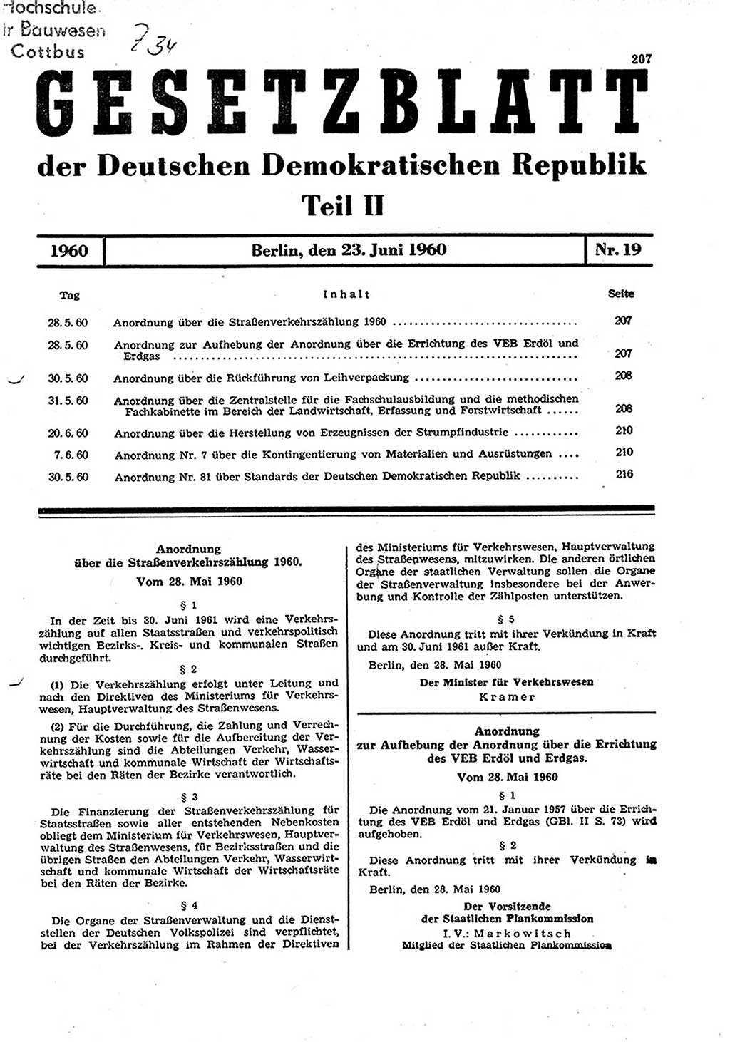 Gesetzblatt (GBl.) der Deutschen Demokratischen Republik (DDR) Teil ⅠⅠ 1960, Seite 207 (GBl. DDR ⅠⅠ 1960, S. 207)