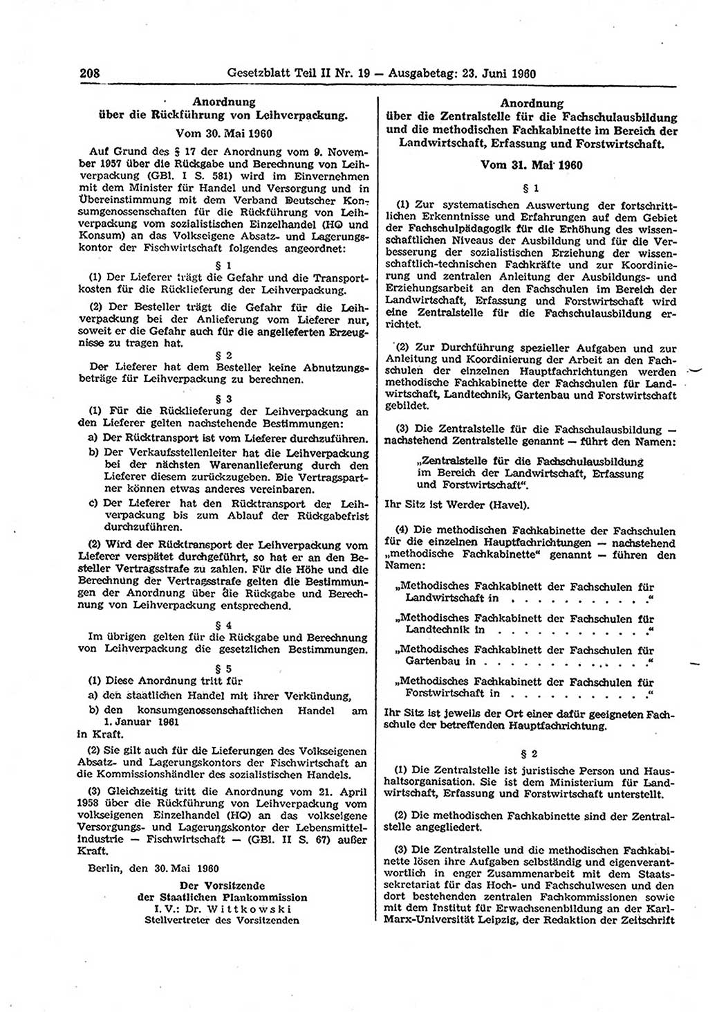 Gesetzblatt (GBl.) der Deutschen Demokratischen Republik (DDR) Teil ⅠⅠ 1960, Seite 208 (GBl. DDR ⅠⅠ 1960, S. 208)