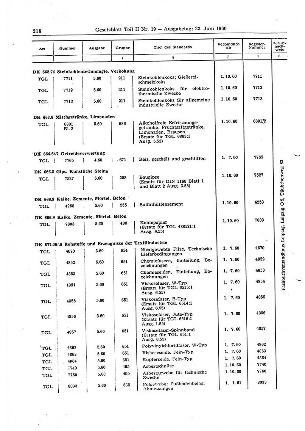 Gesetzblatt (GBl.) der Deutschen Demokratischen Republik (DDR) Teil ⅠⅠ 1960, Seite 218 (GBl. DDR ⅠⅠ 1960, S. 218)