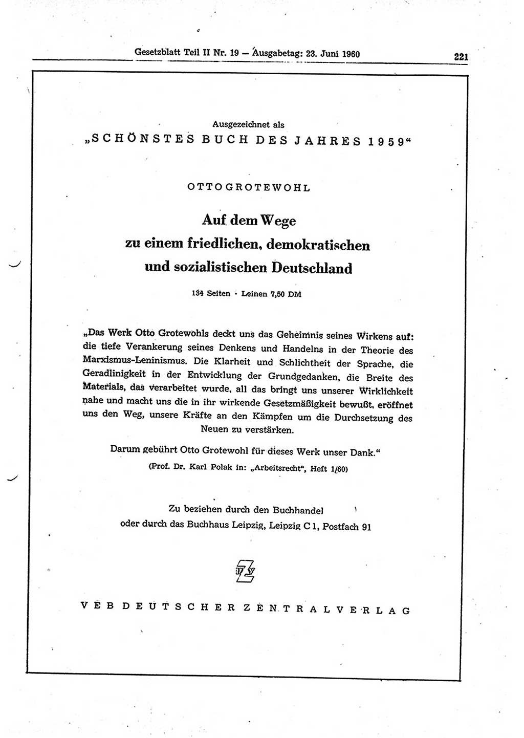Gesetzblatt (GBl.) der Deutschen Demokratischen Republik (DDR) Teil ⅠⅠ 1960, Seite 221 (GBl. DDR ⅠⅠ 1960, S. 221)