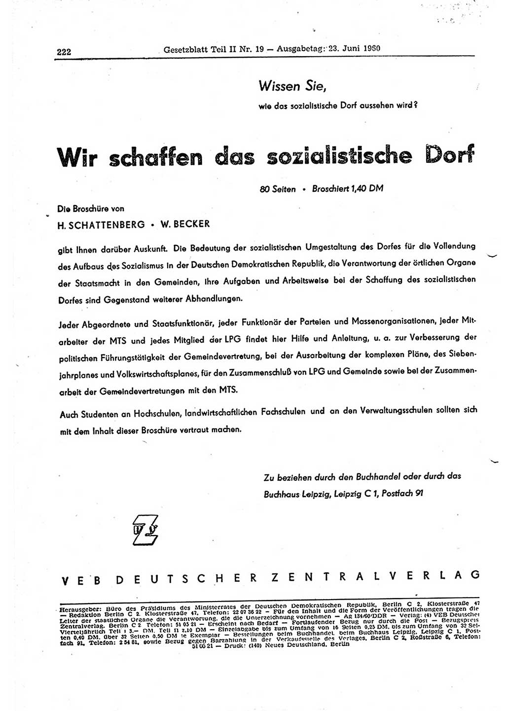 Gesetzblatt (GBl.) der Deutschen Demokratischen Republik (DDR) Teil ⅠⅠ 1960, Seite 222 (GBl. DDR ⅠⅠ 1960, S. 222)