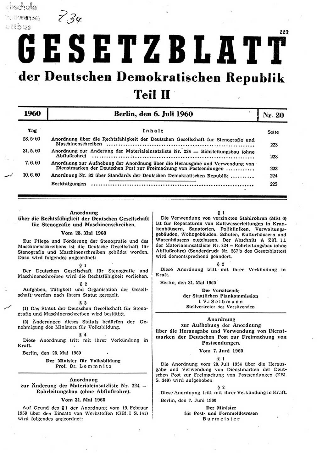 Gesetzblatt (GBl.) der Deutschen Demokratischen Republik (DDR) Teil ⅠⅠ 1960, Seite 223 (GBl. DDR ⅠⅠ 1960, S. 223)