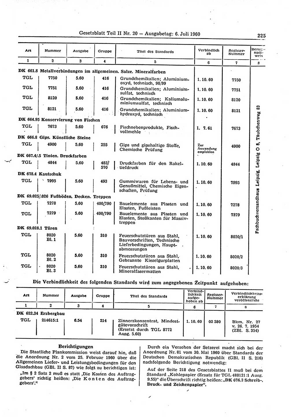 Gesetzblatt (GBl.) der Deutschen Demokratischen Republik (DDR) Teil ⅠⅠ 1960, Seite 225 (GBl. DDR ⅠⅠ 1960, S. 225)