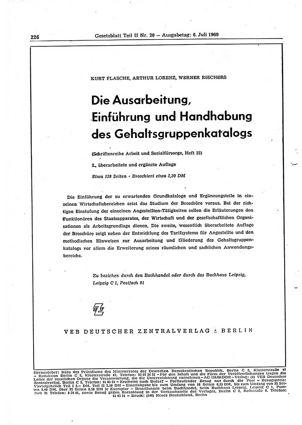 Gesetzblatt (GBl.) der Deutschen Demokratischen Republik (DDR) Teil ⅠⅠ 1960, Seite 226 (GBl. DDR ⅠⅠ 1960, S. 226)