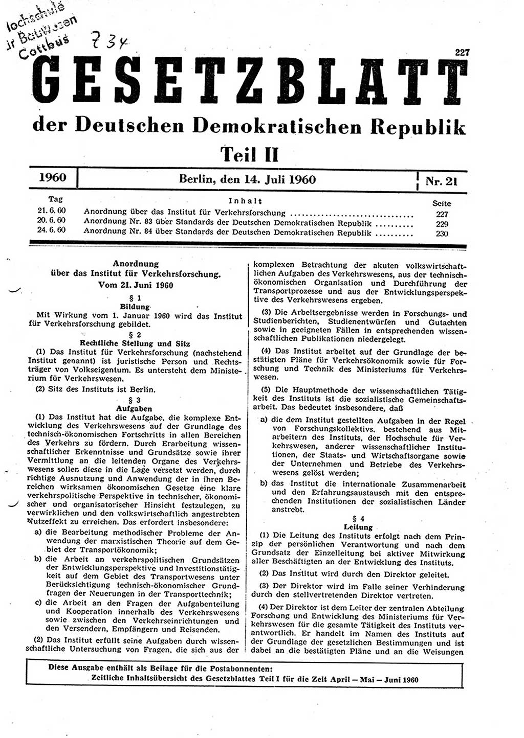 Gesetzblatt (GBl.) der Deutschen Demokratischen Republik (DDR) Teil ⅠⅠ 1960, Seite 227 (GBl. DDR ⅠⅠ 1960, S. 227)