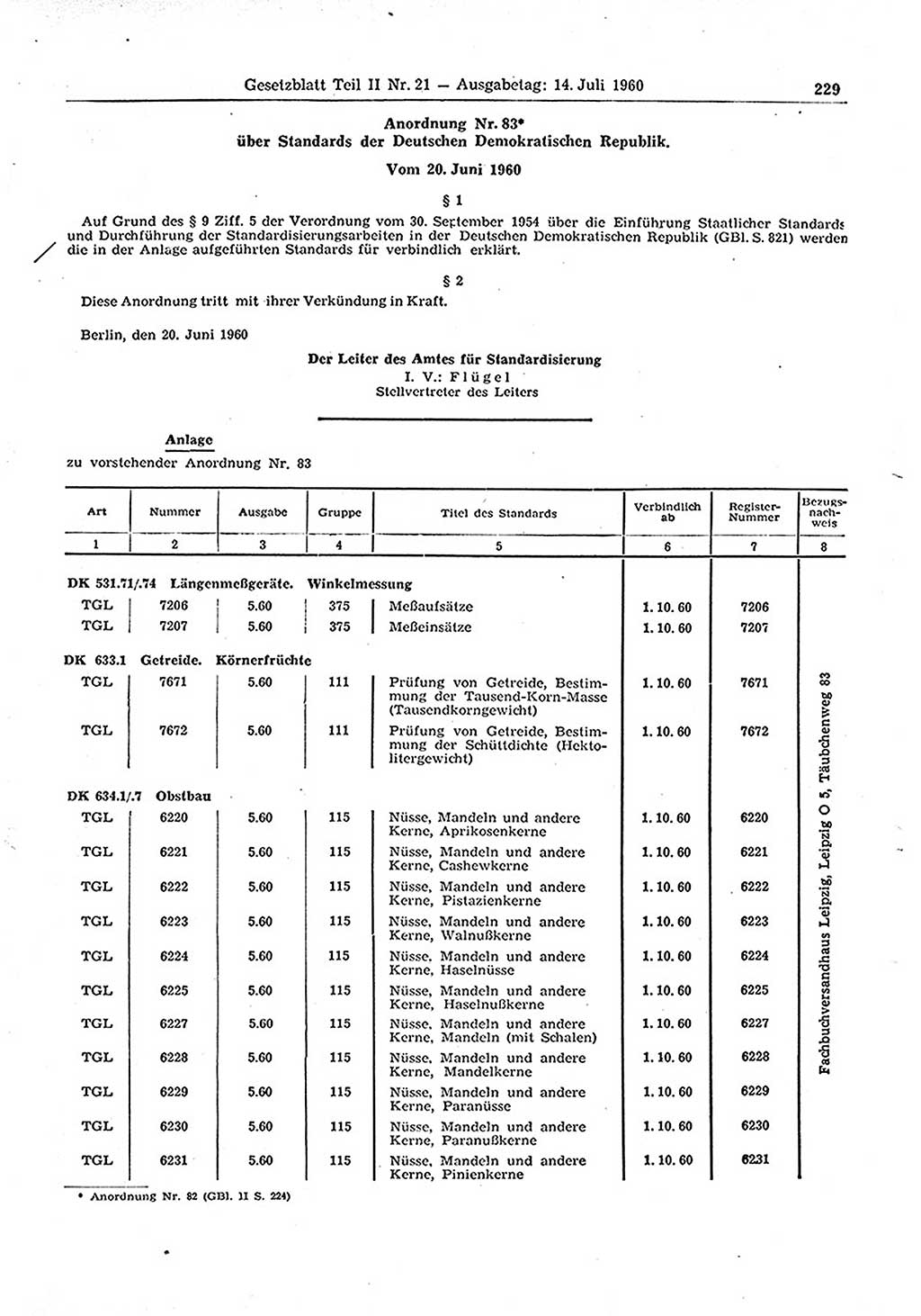 Gesetzblatt (GBl.) der Deutschen Demokratischen Republik (DDR) Teil ⅠⅠ 1960, Seite 229 (GBl. DDR ⅠⅠ 1960, S. 229)