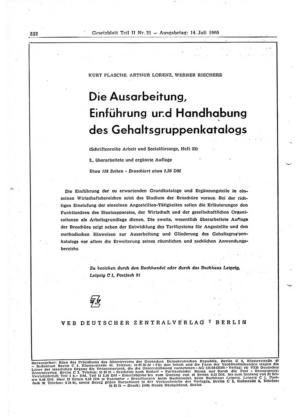 Gesetzblatt (GBl.) der Deutschen Demokratischen Republik (DDR) Teil ⅠⅠ 1960, Seite 232 (GBl. DDR ⅠⅠ 1960, S. 232)