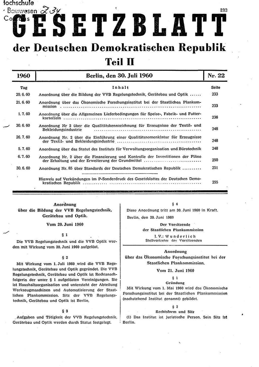 Gesetzblatt (GBl.) der Deutschen Demokratischen Republik (DDR) Teil ⅠⅠ 1960, Seite 233 (GBl. DDR ⅠⅠ 1960, S. 233)