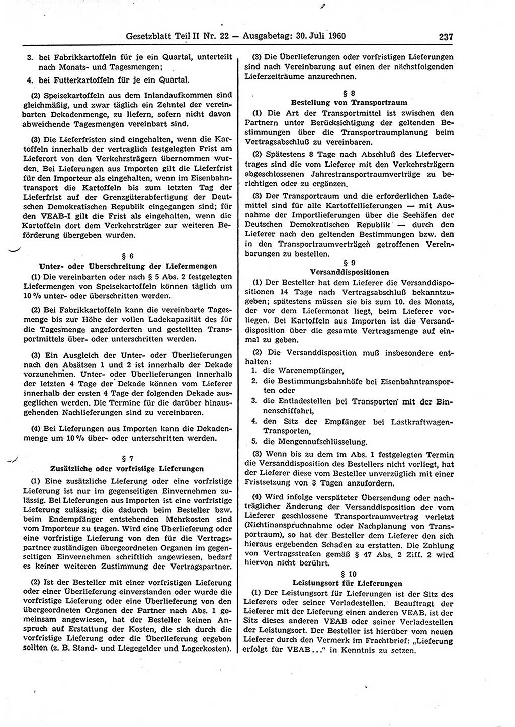 Gesetzblatt (GBl.) der Deutschen Demokratischen Republik (DDR) Teil ⅠⅠ 1960, Seite 237 (GBl. DDR ⅠⅠ 1960, S. 237)