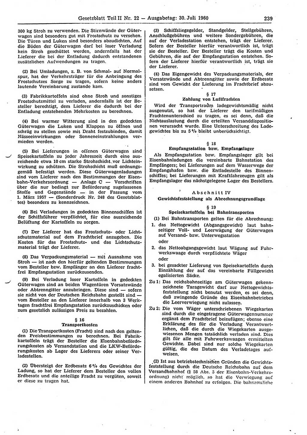 Gesetzblatt (GBl.) der Deutschen Demokratischen Republik (DDR) Teil ⅠⅠ 1960, Seite 239 (GBl. DDR ⅠⅠ 1960, S. 239)