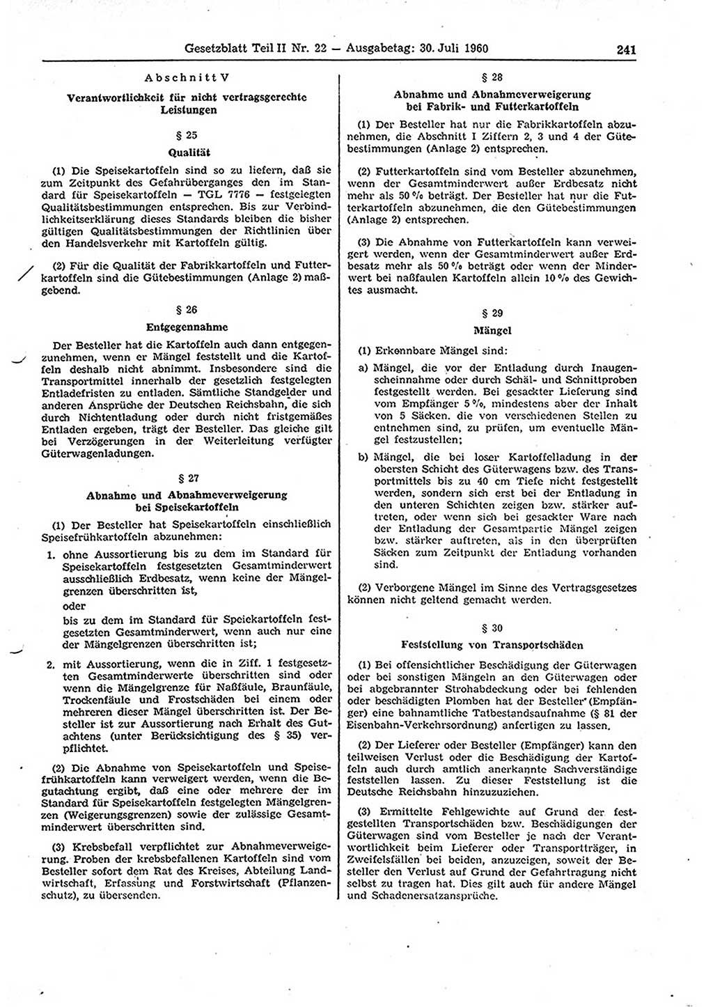 Gesetzblatt (GBl.) der Deutschen Demokratischen Republik (DDR) Teil ⅠⅠ 1960, Seite 241 (GBl. DDR ⅠⅠ 1960, S. 241)
