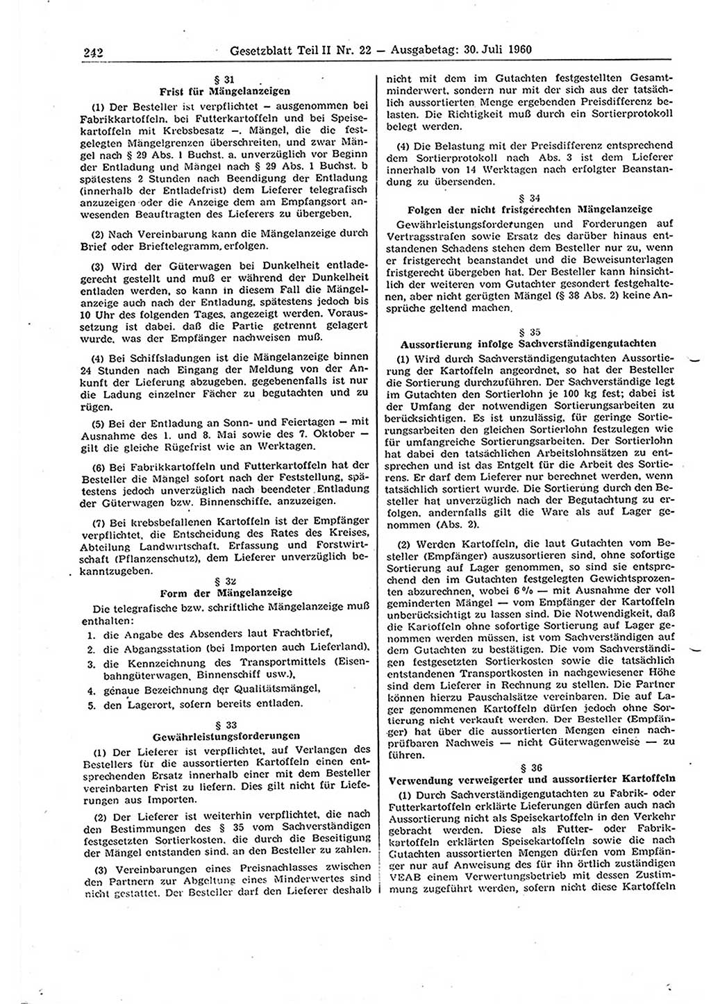 Gesetzblatt (GBl.) der Deutschen Demokratischen Republik (DDR) Teil ⅠⅠ 1960, Seite 242 (GBl. DDR ⅠⅠ 1960, S. 242)