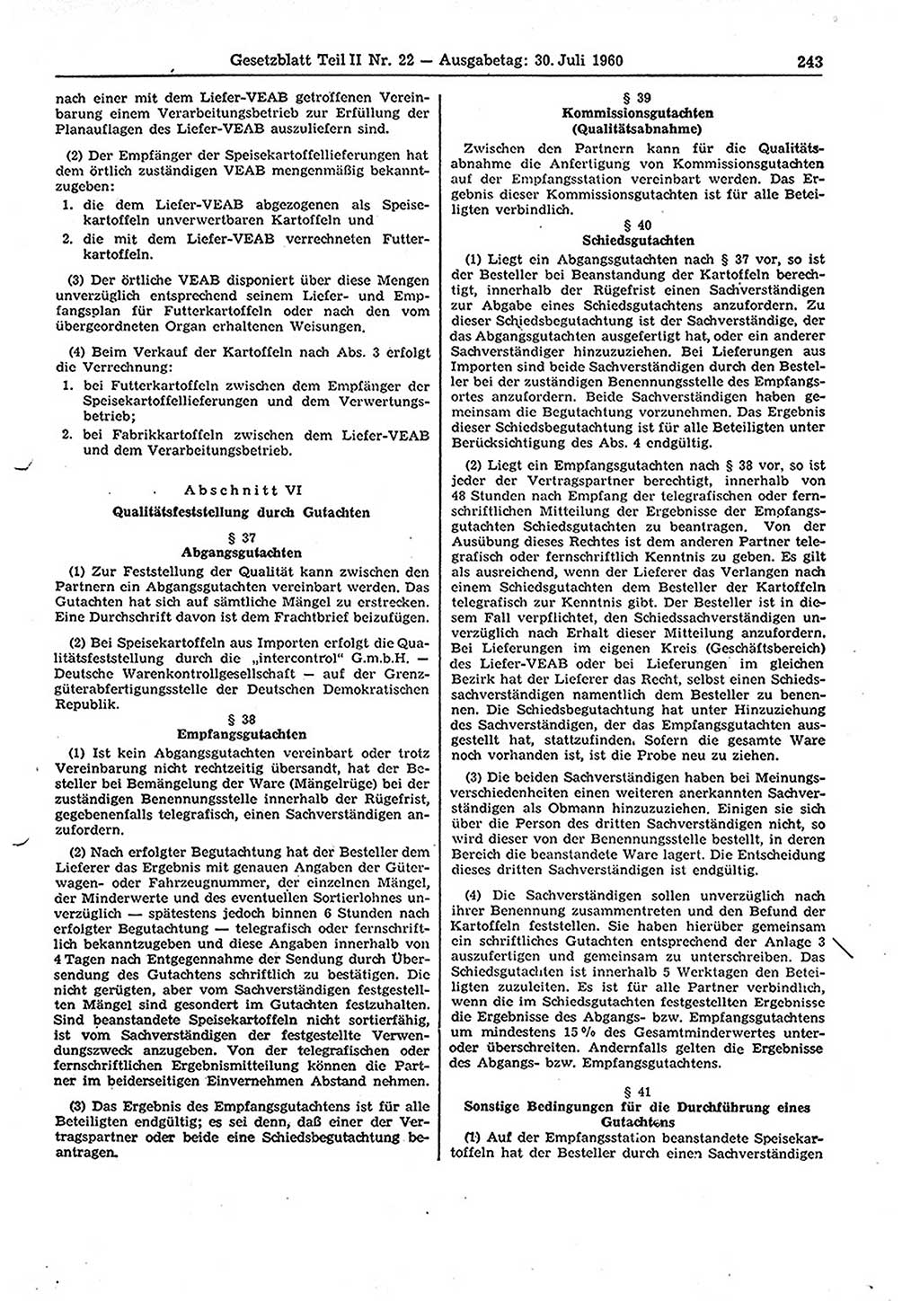 Gesetzblatt (GBl.) der Deutschen Demokratischen Republik (DDR) Teil ⅠⅠ 1960, Seite 243 (GBl. DDR ⅠⅠ 1960, S. 243)