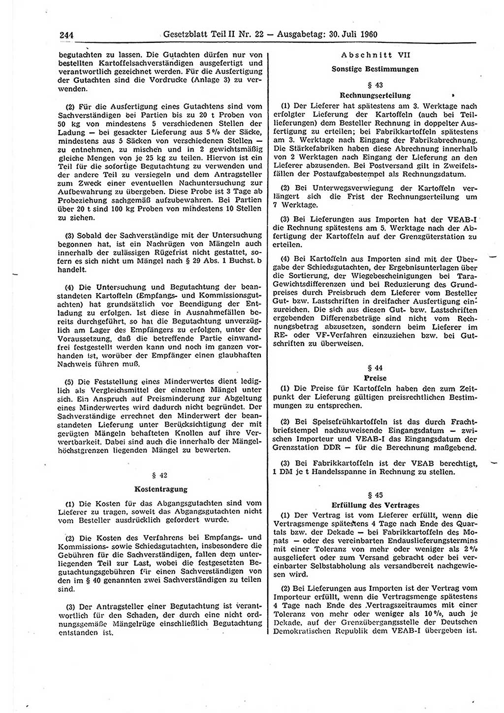 Gesetzblatt (GBl.) der Deutschen Demokratischen Republik (DDR) Teil ⅠⅠ 1960, Seite 244 (GBl. DDR ⅠⅠ 1960, S. 244)