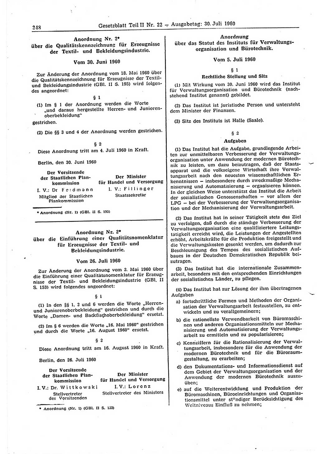 Gesetzblatt (GBl.) der Deutschen Demokratischen Republik (DDR) Teil ⅠⅠ 1960, Seite 248 (GBl. DDR ⅠⅠ 1960, S. 248)