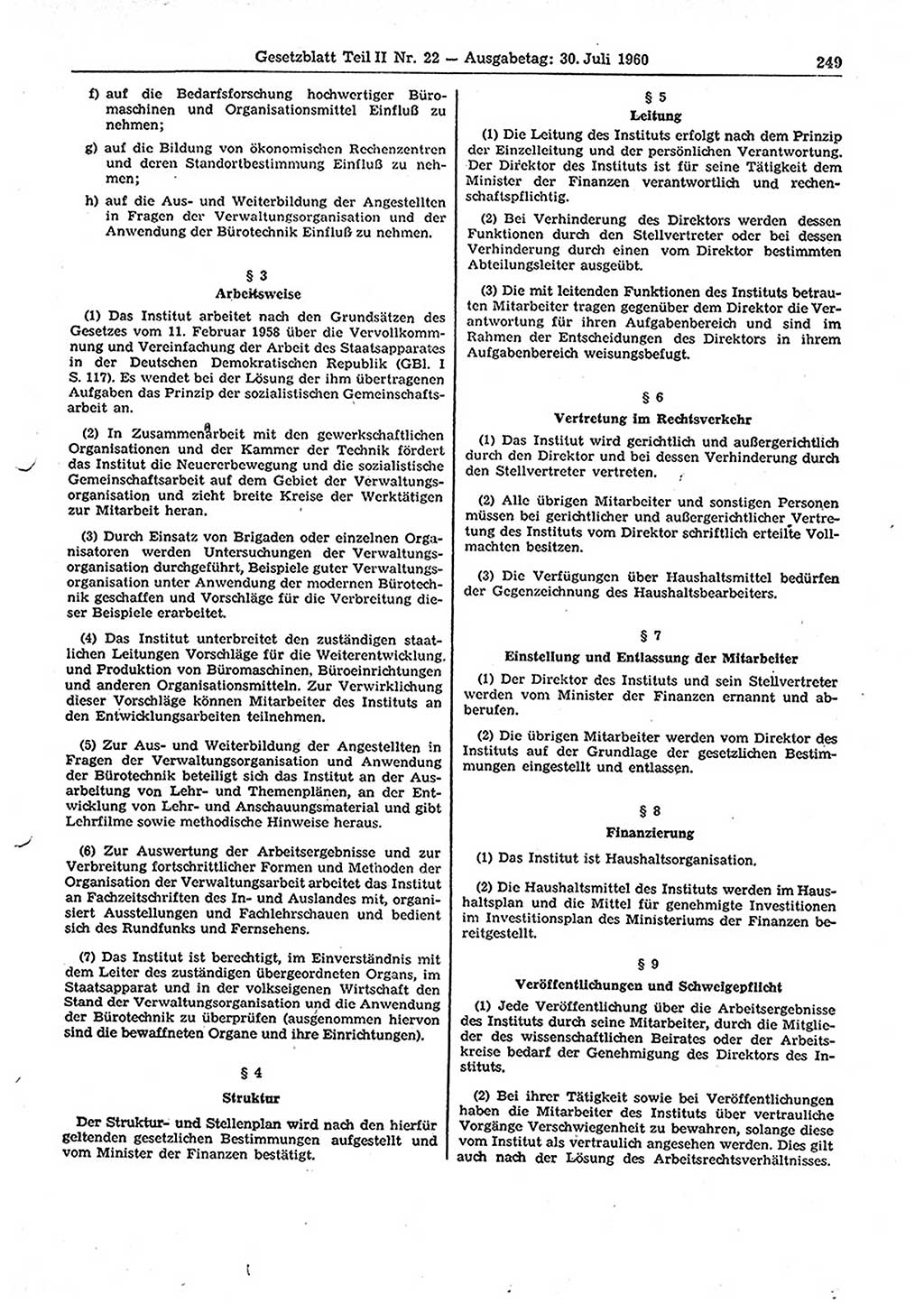 Gesetzblatt (GBl.) der Deutschen Demokratischen Republik (DDR) Teil ⅠⅠ 1960, Seite 249 (GBl. DDR ⅠⅠ 1960, S. 249)