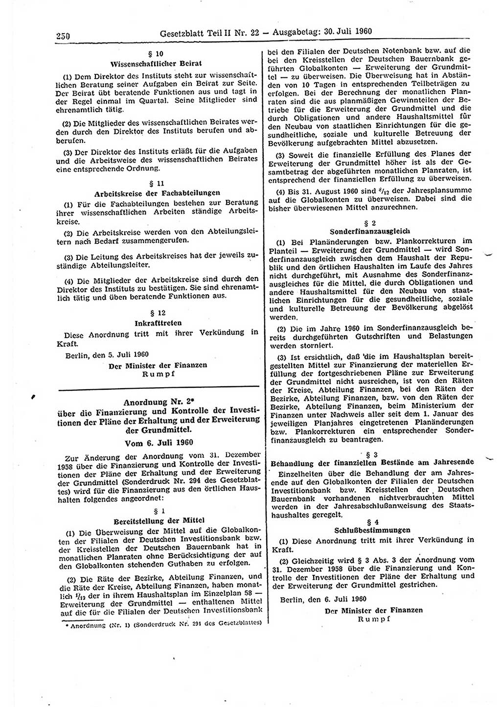 Gesetzblatt (GBl.) der Deutschen Demokratischen Republik (DDR) Teil ⅠⅠ 1960, Seite 250 (GBl. DDR ⅠⅠ 1960, S. 250)