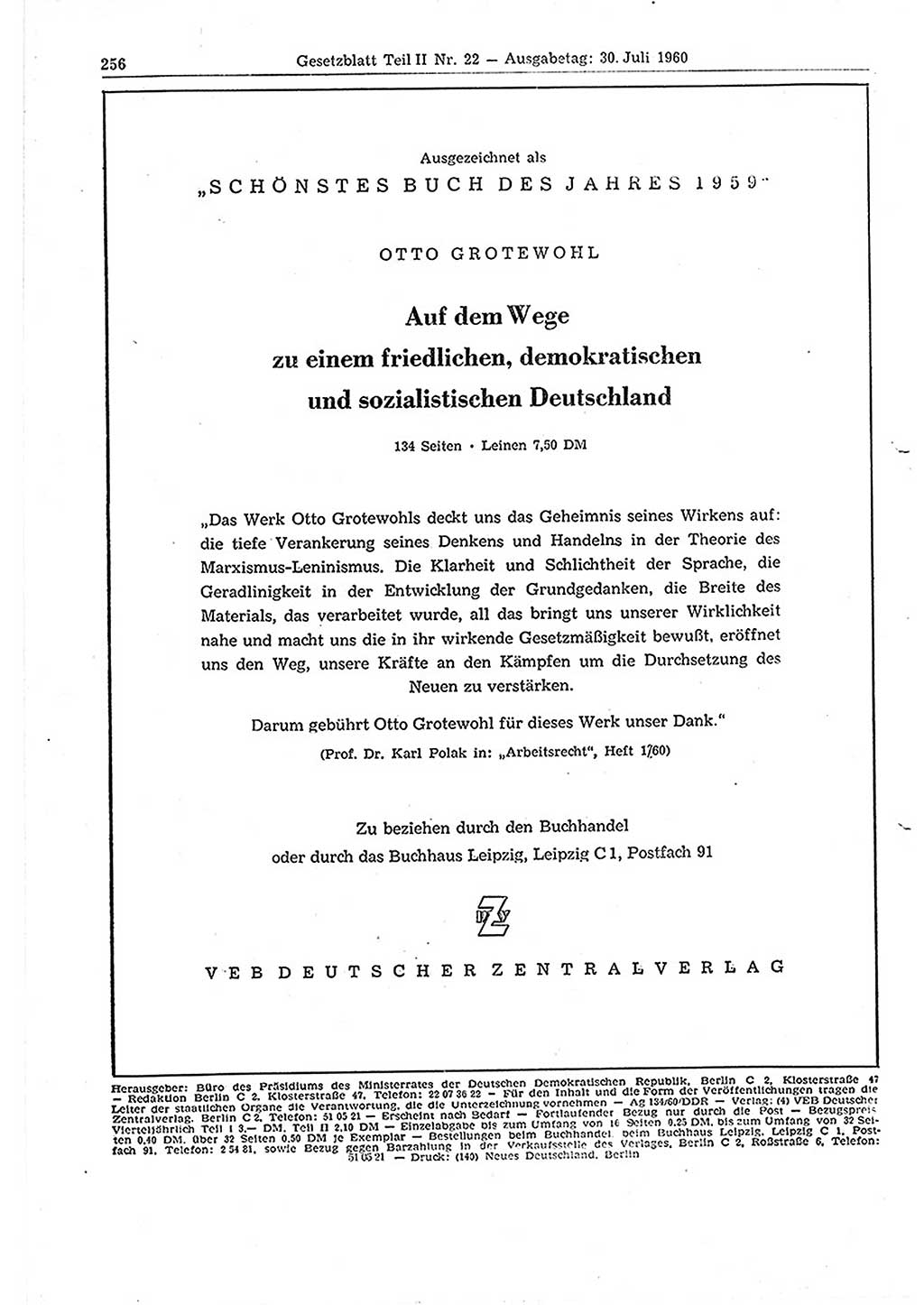 Gesetzblatt (GBl.) der Deutschen Demokratischen Republik (DDR) Teil ⅠⅠ 1960, Seite 256 (GBl. DDR ⅠⅠ 1960, S. 256)