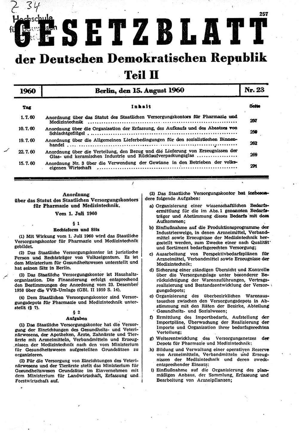 Gesetzblatt (GBl.) der Deutschen Demokratischen Republik (DDR) Teil ⅠⅠ 1960, Seite 257 (GBl. DDR ⅠⅠ 1960, S. 257)