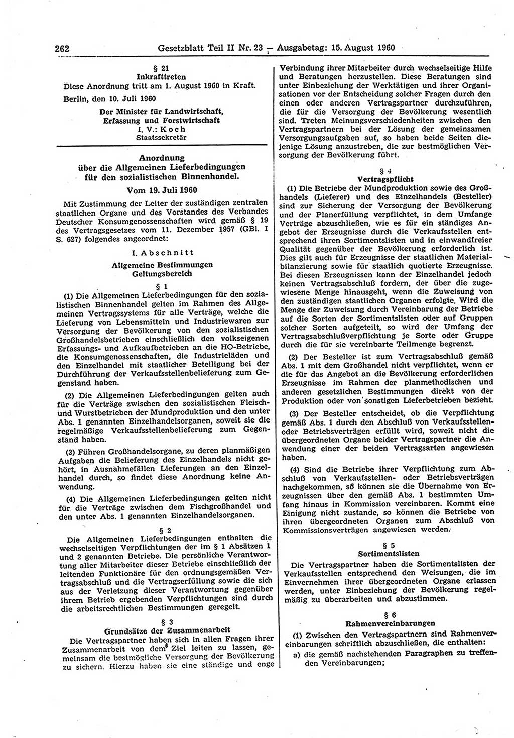 Gesetzblatt (GBl.) der Deutschen Demokratischen Republik (DDR) Teil ⅠⅠ 1960, Seite 262 (GBl. DDR ⅠⅠ 1960, S. 262)