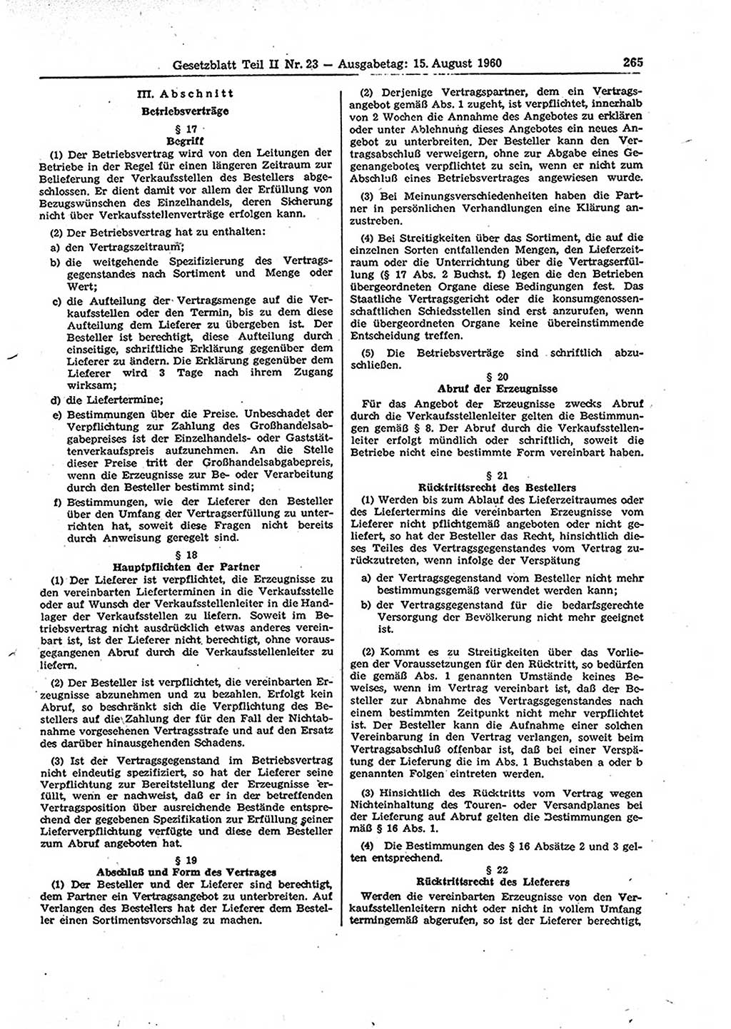 Gesetzblatt (GBl.) der Deutschen Demokratischen Republik (DDR) Teil ⅠⅠ 1960, Seite 265 (GBl. DDR ⅠⅠ 1960, S. 265)