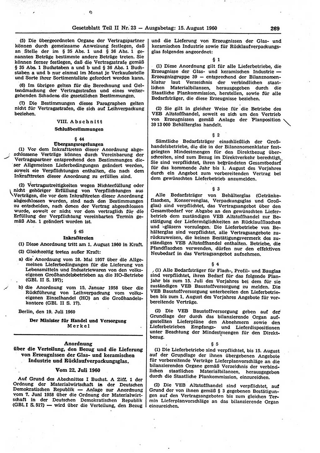 Gesetzblatt (GBl.) der Deutschen Demokratischen Republik (DDR) Teil ⅠⅠ 1960, Seite 269 (GBl. DDR ⅠⅠ 1960, S. 269)