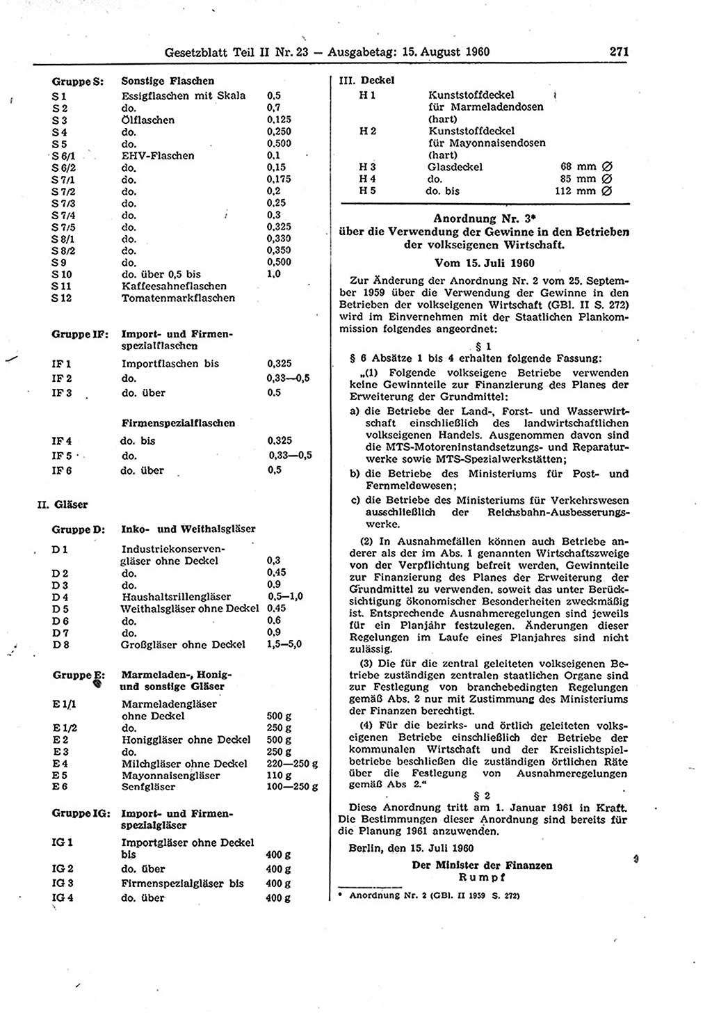 Gesetzblatt (GBl.) der Deutschen Demokratischen Republik (DDR) Teil ⅠⅠ 1960, Seite 271 (GBl. DDR ⅠⅠ 1960, S. 271)