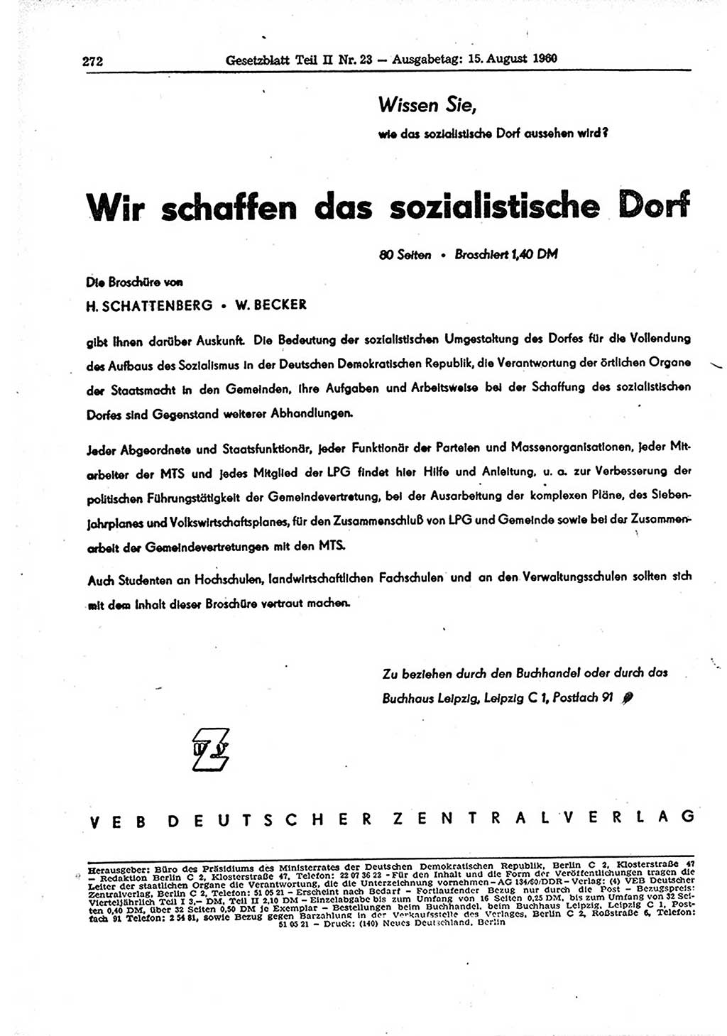 Gesetzblatt (GBl.) der Deutschen Demokratischen Republik (DDR) Teil ⅠⅠ 1960, Seite 272 (GBl. DDR ⅠⅠ 1960, S. 272)