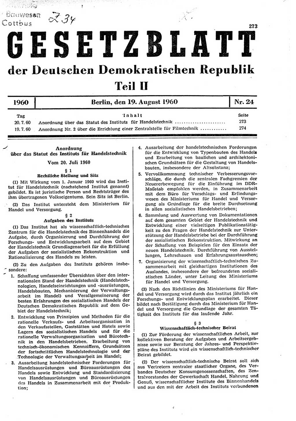 Gesetzblatt (GBl.) der Deutschen Demokratischen Republik (DDR) Teil ⅠⅠ 1960, Seite 273 (GBl. DDR ⅠⅠ 1960, S. 273)