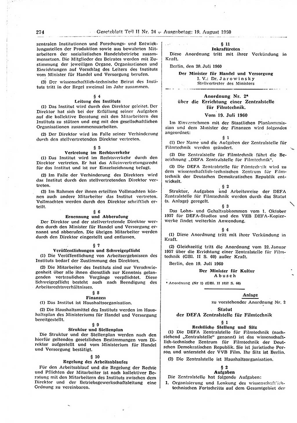 Gesetzblatt (GBl.) der Deutschen Demokratischen Republik (DDR) Teil ⅠⅠ 1960, Seite 274 (GBl. DDR ⅠⅠ 1960, S. 274)