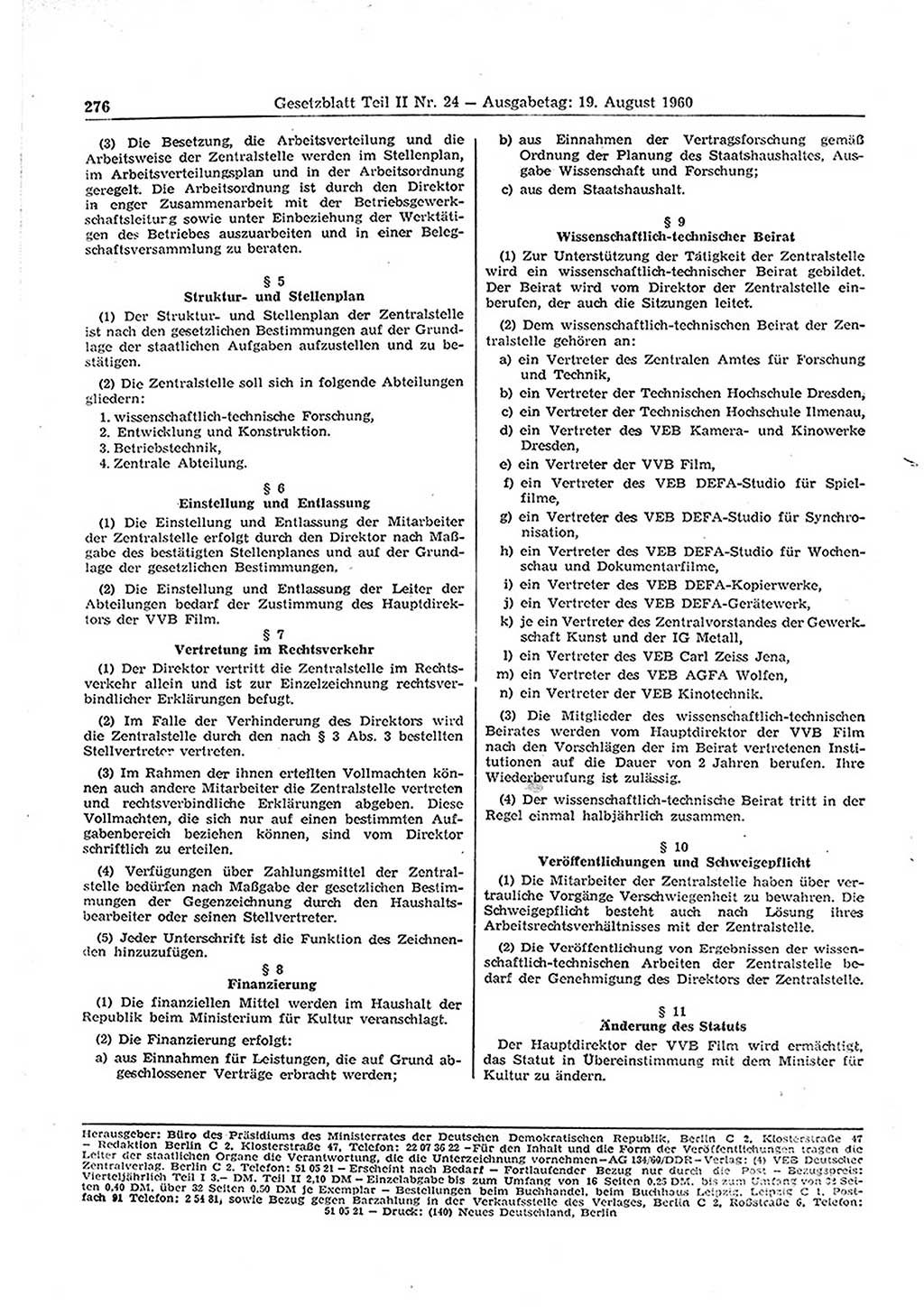 Gesetzblatt (GBl.) der Deutschen Demokratischen Republik (DDR) Teil ⅠⅠ 1960, Seite 276 (GBl. DDR ⅠⅠ 1960, S. 276)