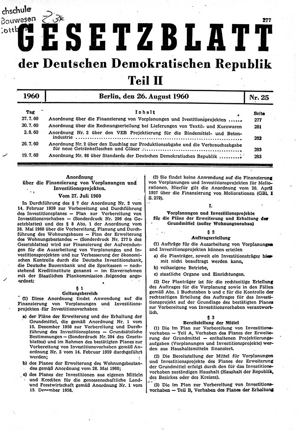 Gesetzblatt (GBl.) der Deutschen Demokratischen Republik (DDR) Teil ⅠⅠ 1960, Seite 277 (GBl. DDR ⅠⅠ 1960, S. 277)