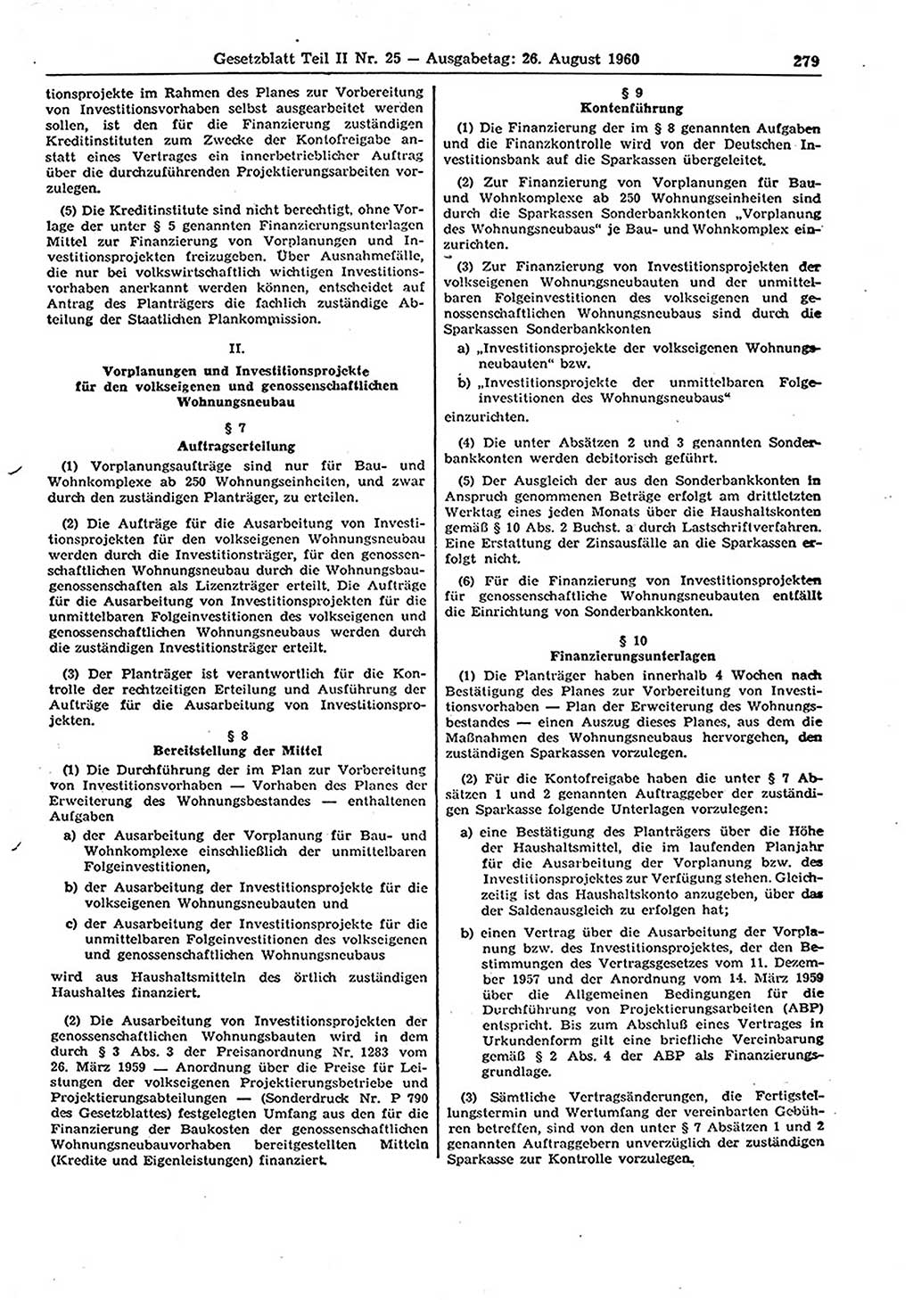 Gesetzblatt (GBl.) der Deutschen Demokratischen Republik (DDR) Teil ⅠⅠ 1960, Seite 279 (GBl. DDR ⅠⅠ 1960, S. 279)