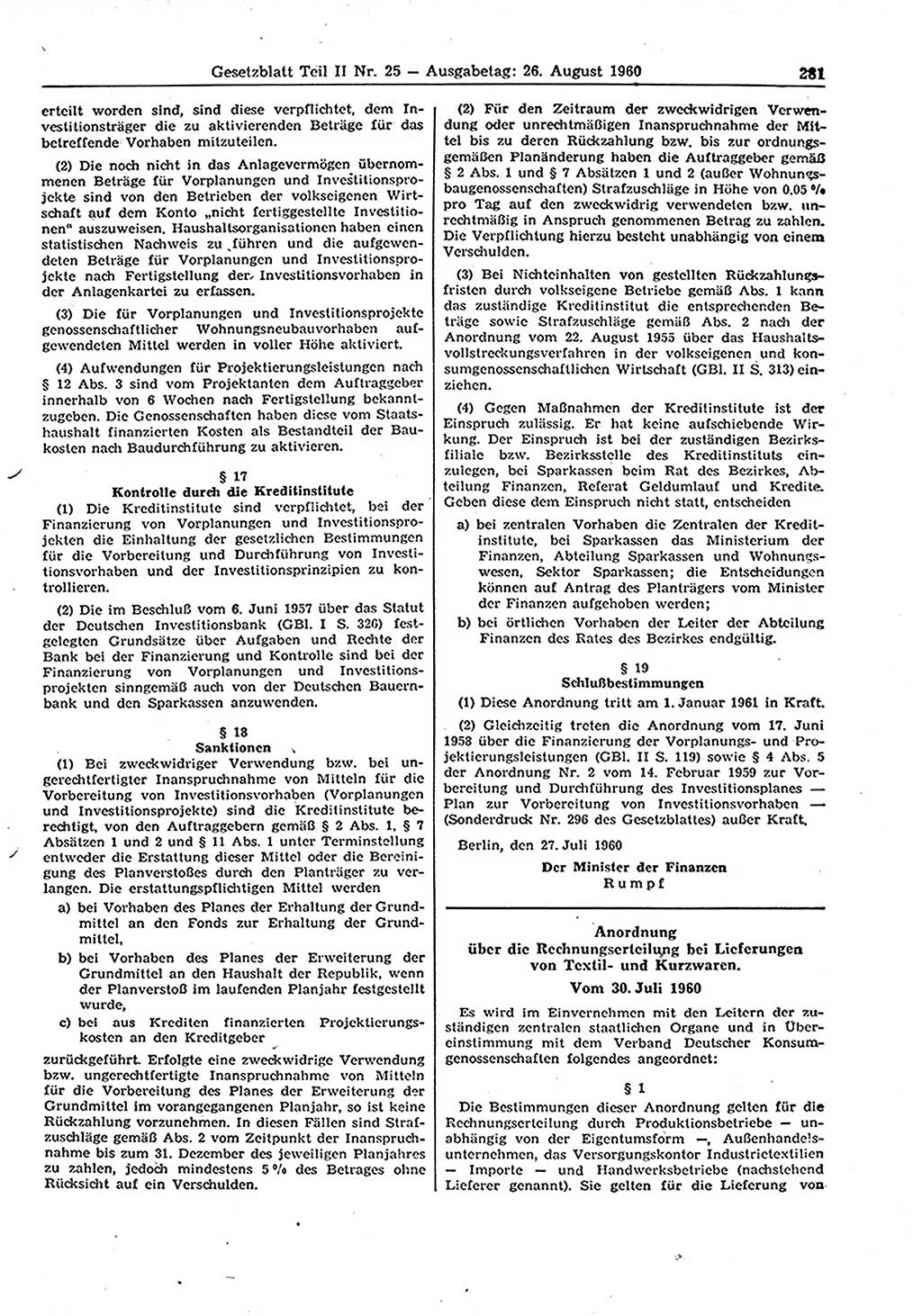 Gesetzblatt (GBl.) der Deutschen Demokratischen Republik (DDR) Teil ⅠⅠ 1960, Seite 281 (GBl. DDR ⅠⅠ 1960, S. 281)