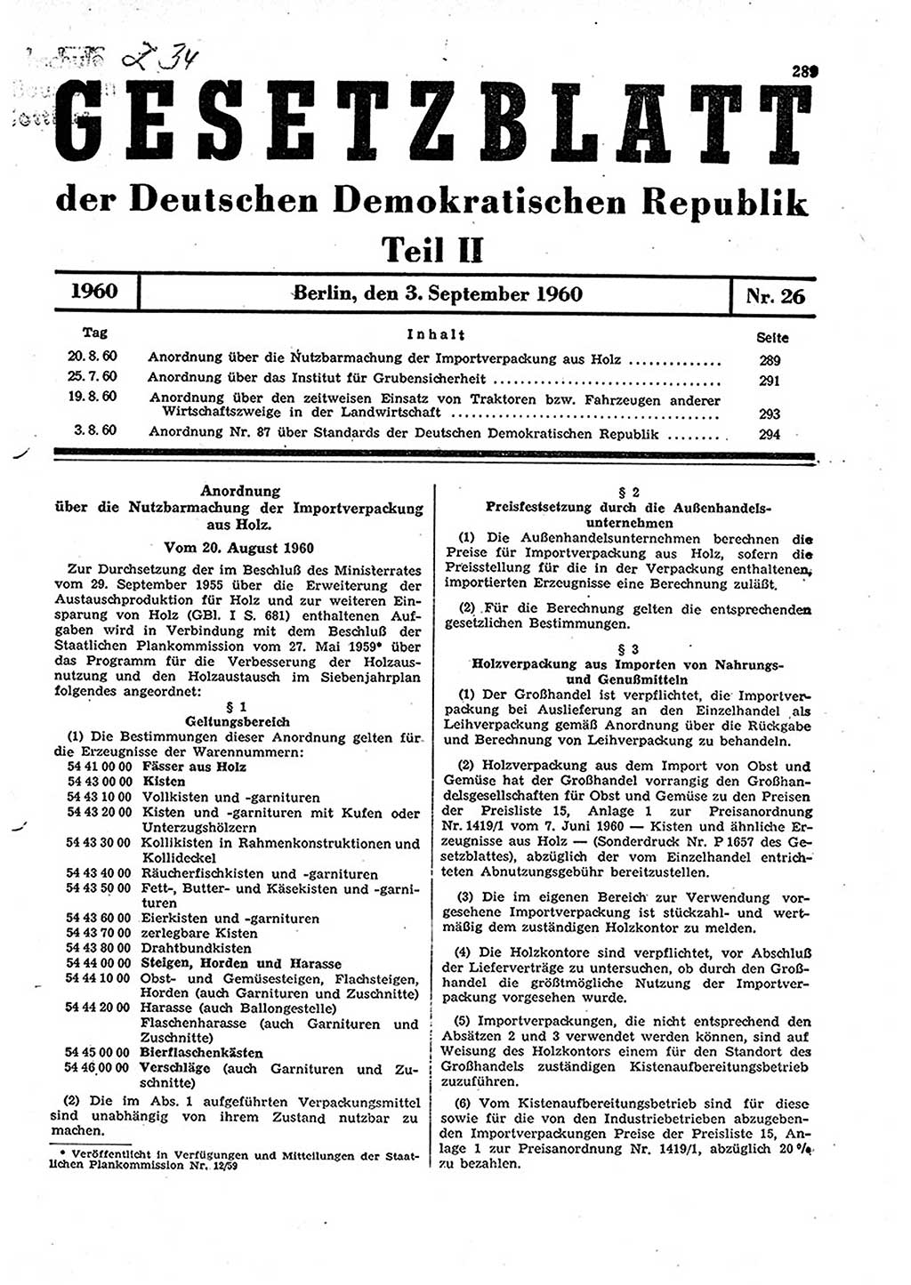 Gesetzblatt (GBl.) der Deutschen Demokratischen Republik (DDR) Teil ⅠⅠ 1960, Seite 289 (GBl. DDR ⅠⅠ 1960, S. 289)