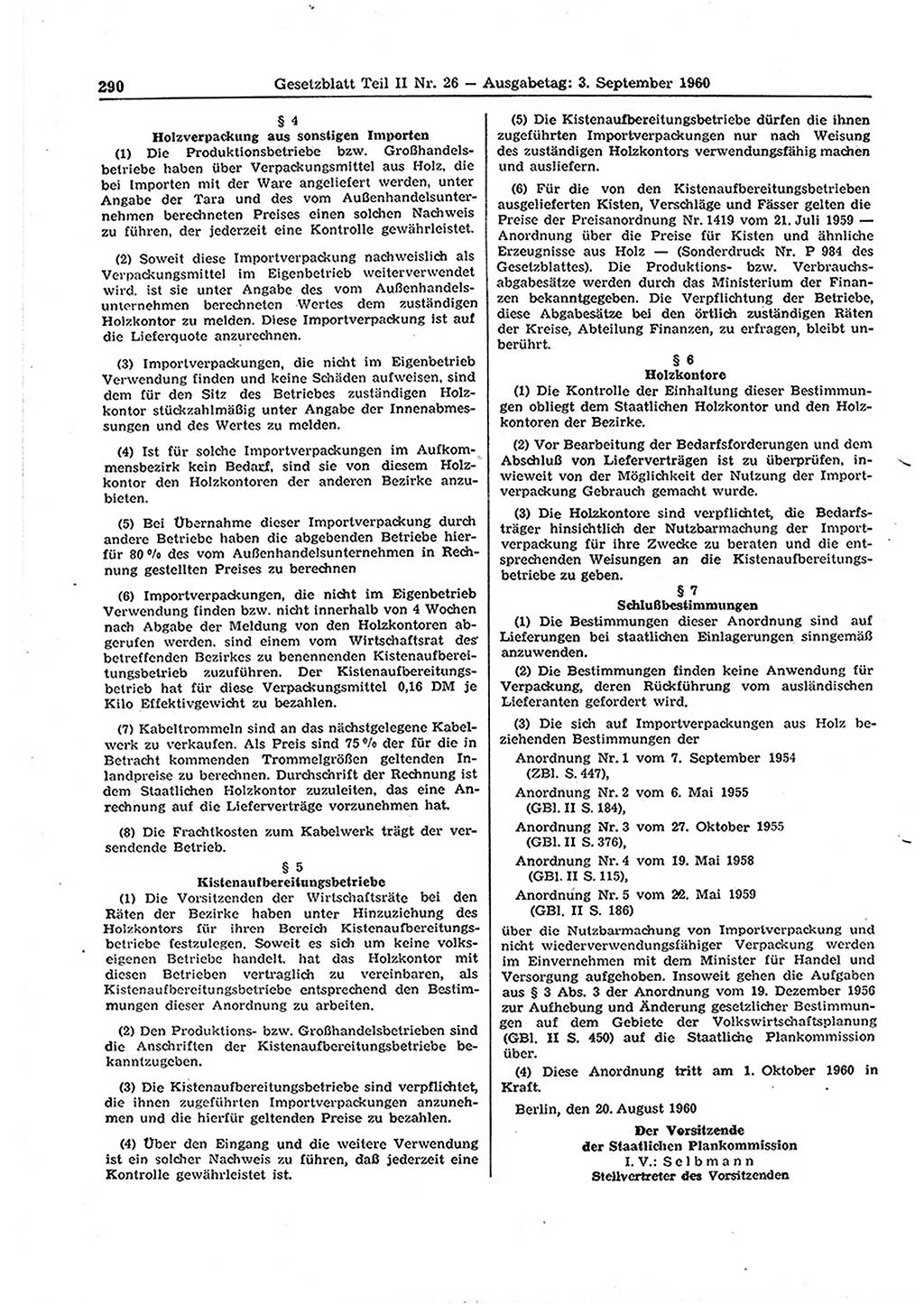 Gesetzblatt (GBl.) der Deutschen Demokratischen Republik (DDR) Teil ⅠⅠ 1960, Seite 290 (GBl. DDR ⅠⅠ 1960, S. 290)
