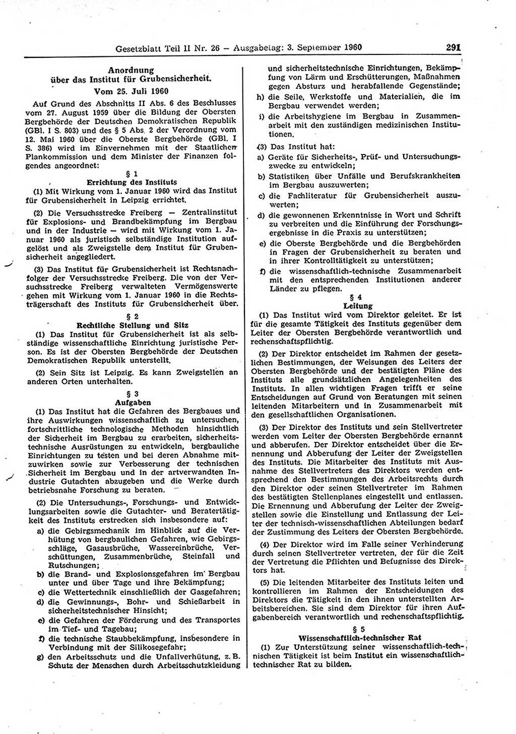 Gesetzblatt (GBl.) der Deutschen Demokratischen Republik (DDR) Teil ⅠⅠ 1960, Seite 291 (GBl. DDR ⅠⅠ 1960, S. 291)