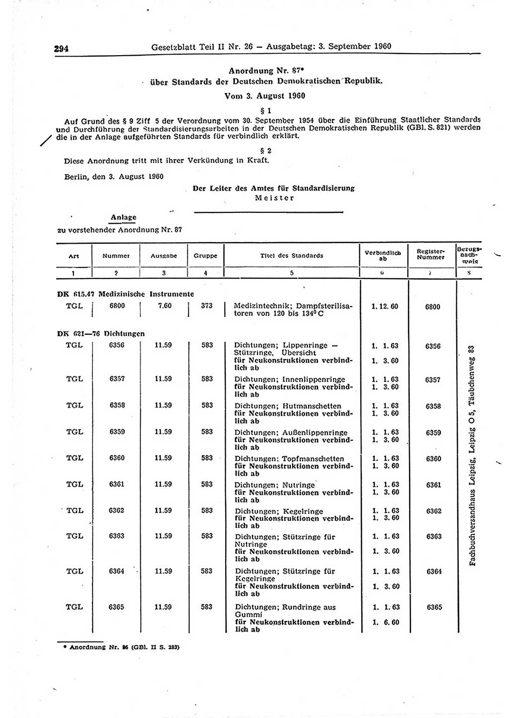 Gesetzblatt (GBl.) der Deutschen Demokratischen Republik (DDR) Teil ⅠⅠ 1960, Seite 294 (GBl. DDR ⅠⅠ 1960, S. 294)