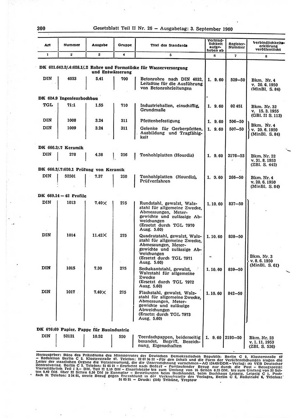 Gesetzblatt (GBl.) der Deutschen Demokratischen Republik (DDR) Teil ⅠⅠ 1960, Seite 300 (GBl. DDR ⅠⅠ 1960, S. 300)
