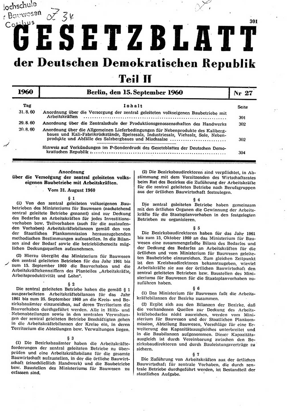Gesetzblatt (GBl.) der Deutschen Demokratischen Republik (DDR) Teil ⅠⅠ 1960, Seite 301 (GBl. DDR ⅠⅠ 1960, S. 301)